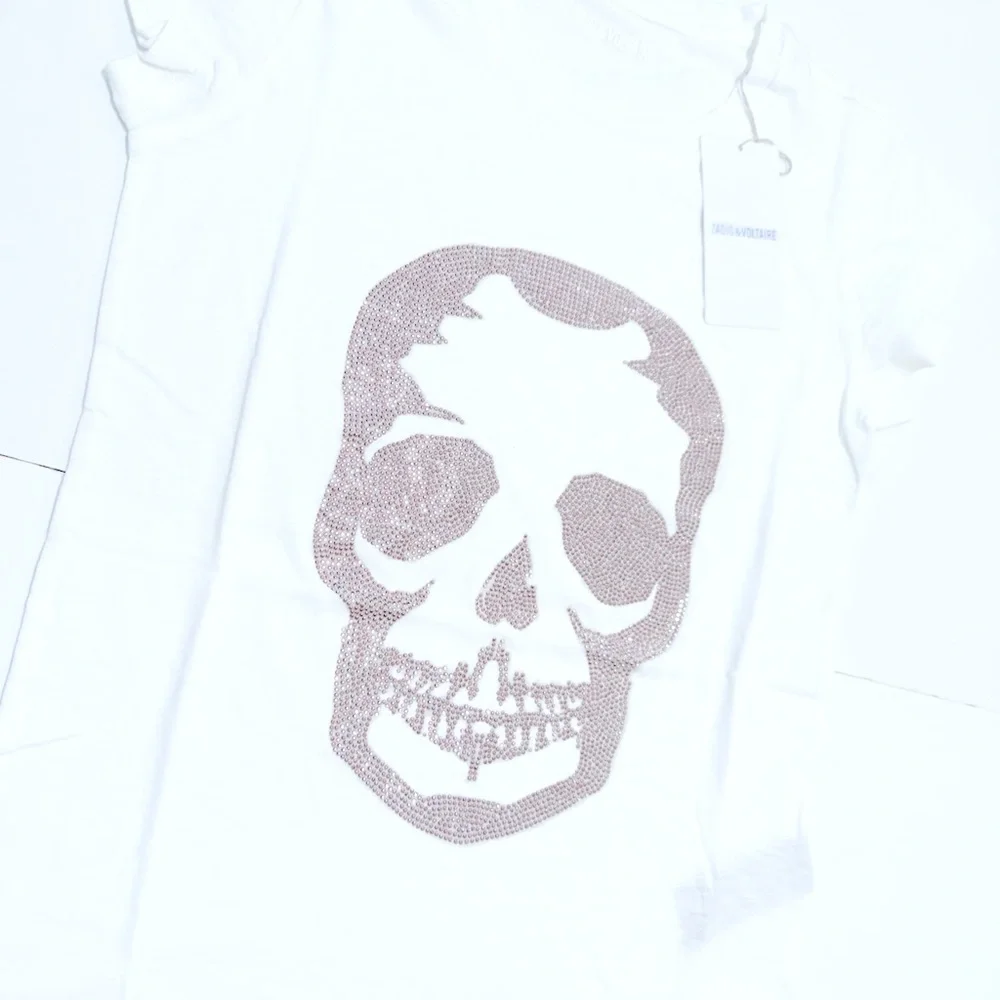 Zadig & Voltaire Skinny Skull Strass White & Pink Tee NWT